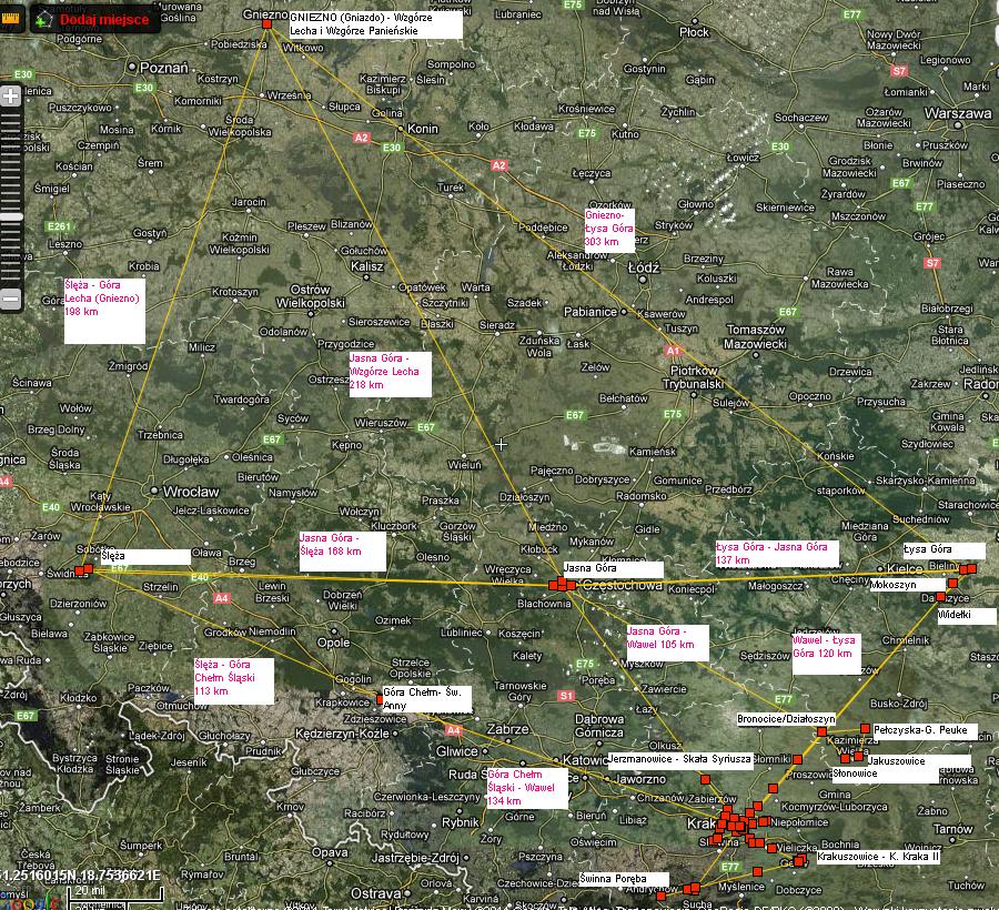 Wzgórza system krakowski w Polskim mapa odległości opisany