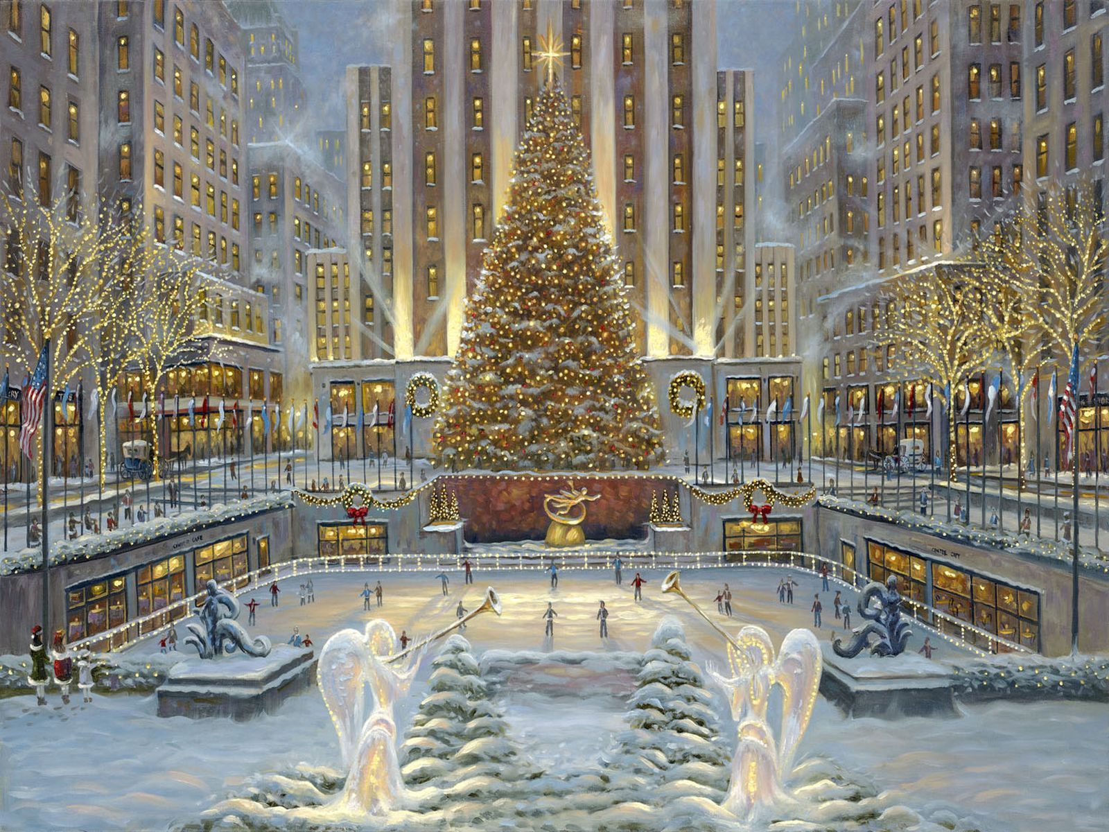 Snow-Angels-Christmas-Tree-Ice-Rink-Winter-People-Painting-Art-Wallpaper