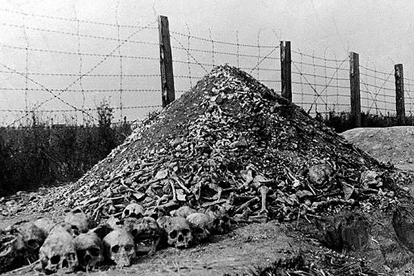 A pile of human bones and skulls is seen in 1944 at the Nazi concentration camp of Majdanek in the outskirts of Lublin, the second largest death camp in Poland after Auschwitz, following its liberation in 1944 by Russian troops.